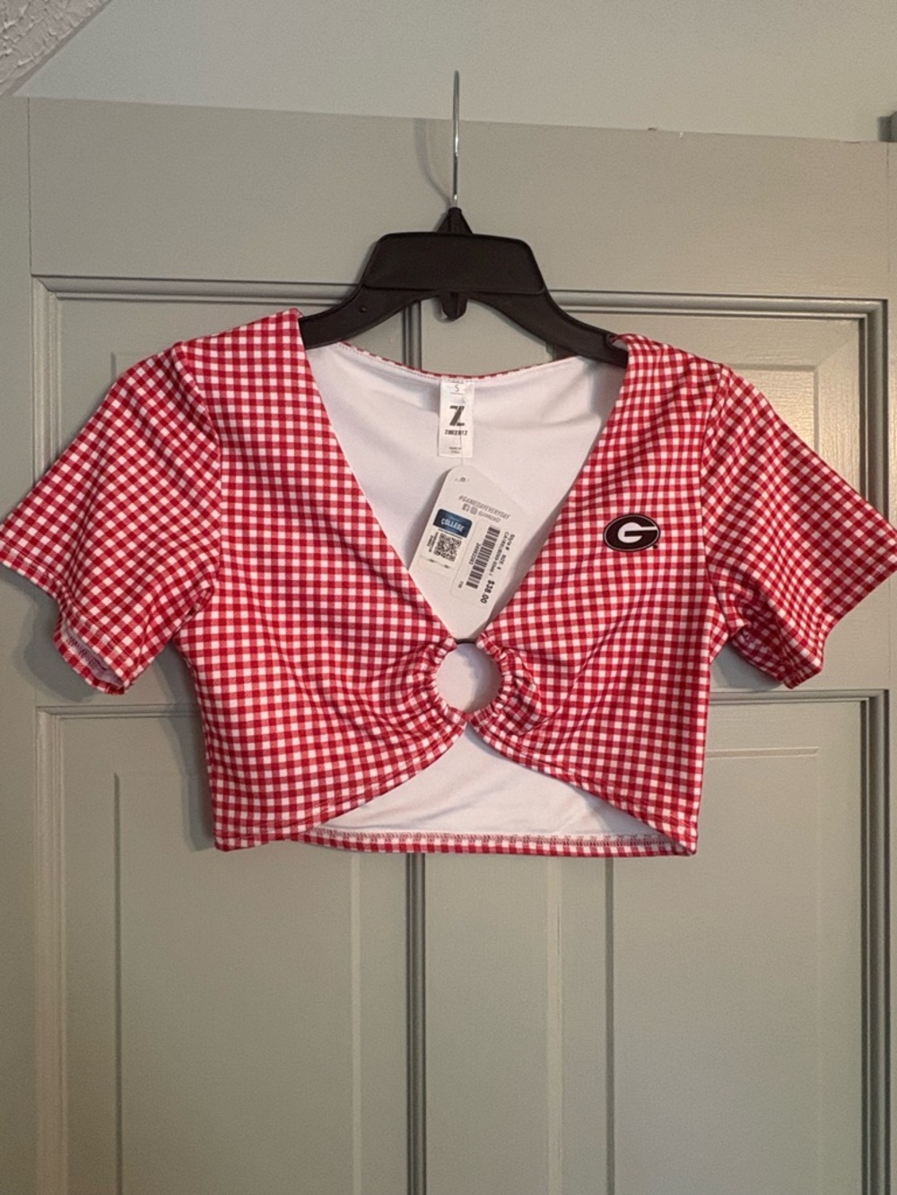Zoozatz Small Red/White Gingham Ring front Crop Top with UGA Georgia 'G' Patch
